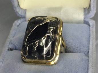 Lovely 925 / Sterling Silver With 14K Gold Overlay Black Quartz With Spun Sold Overlay - Very Pretty !