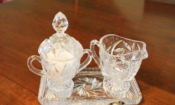 3 Piece Crystal Sugar Bowl, Creamer  & Tray