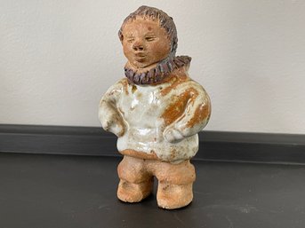 Handcrafted Clay Inuit Child Figurine In The Style Of Guy De Pelteau
