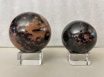 Rhodonite Spheres On Stands, 1 Lb 8.9oz & 14.1oz