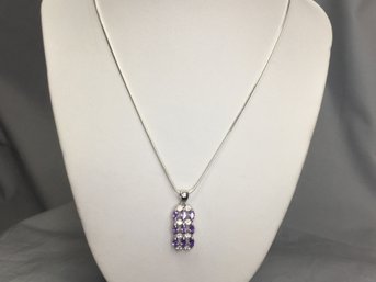 Lovely 925 / Sterling Silver And Amethyst And White Zircon Pendant On 22' Sterling Snake Chain Necklace