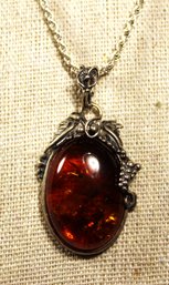 Fine Sterling Silver Chain Necklace Pendant W Large Genuine Amber Stone