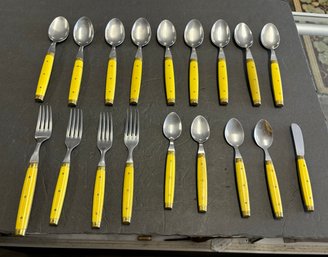 VTG Mixed Lot Of  18 Piece Flatware Yellow Handle Stainless Steel Made In France. MP/A4