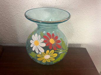 Hand Decorated Blue Crackle Glass Bouquet Vase