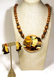 1980s Large Wood Inlay Necklace And Pierced Earrings