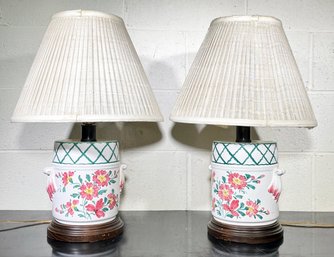 A Pair Of Ceramic Lamps On Wood Bases