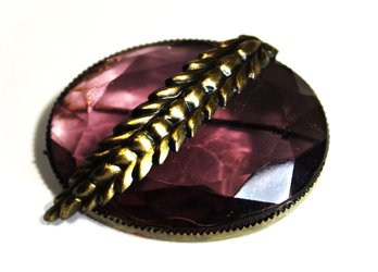 Gold Tone Large Amethyst Glass Brooch W Feather Motif