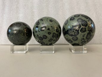 Three Kambada Jasper Spheres On Stands, 2 Lb 3.2oz & 1 Lb 11.7oz & 15.4oz