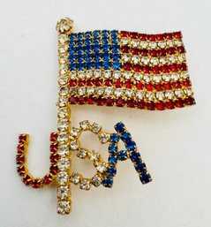 RED, WHITE AND BLUE RHINESTONE USA FLAG BROOCH