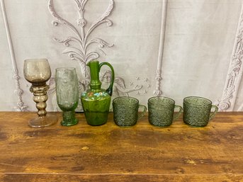 Vintage Glassware Lot Including Soreno Green Mugs, Hand-painted Cruet, Green Daisy Glass & Roemer Wine Glass