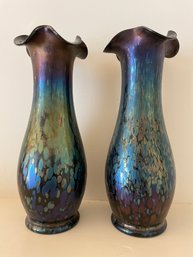 Pair Of Iridescent   Art Glass Vases.  11' Tall.