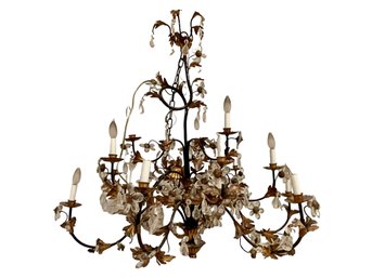 Vintage Gilded Tole Chandelier With Crystal Flowers & Teardrops