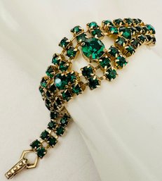 VINTAGE GOLD TONE EMERALD GREEN RHINESTONE BRACELET