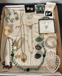 Adorable Collection Of Jewelry Lot Of Necklaces, Ear Rings, Watch, Bangle, Bracelet, Leaf Tray, Stones.
