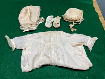 Antique Child's Dress, Two  Bonnets And Shoes.