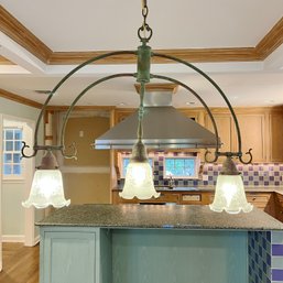 A Restored Antique Copper Chandelier With 3 Lights And Etched Ruffled Glass Shades - Kitchen