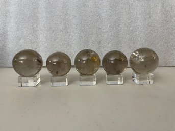 Five Smoky Quartz Spheres On Stands, Total Weight 14.4oz