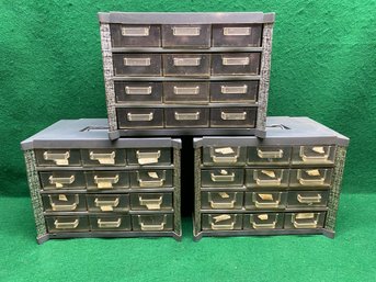 Three Vintage Nails, Screws, Small Parts 12 Drawer Cabinets. Stackable. Each With Handle. No Shipping.