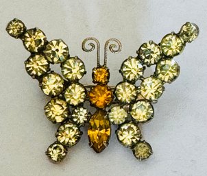 VINTAGE LIGHT YELLOW AND ORANGE RHINESTONE BUTTERFLY BROOCH