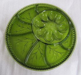 Indiana Glass Pebble Leaf Green 13' Diam Devil Egg / Relish Dish