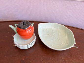 Persimmon Form Teapot With Four Leaf Form Saucers & Plate