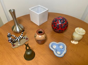 Brass Bell Fish Handle, Wedgwood Tray, Red Ceramic Ball, Vases, Selangor Pewter Vase, White Square Ceramic Box