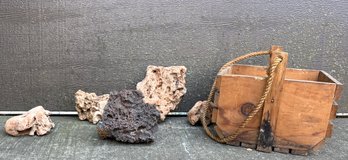 A Collection Of Holey Aquatic Rocks / Fossil Coral In A Wooden Crate