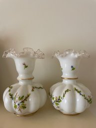 Pair Of Vintage Fenton  Overlay Art Glass  Vases. 8.5' Tall.