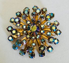 VINTAGE GOLD TONE BLUE AURORA RHINESTONE BROOCH