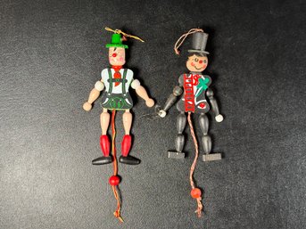 A Super Fun Pair Of Vintage Wooden Jumping Jack Toys, Made In Switzerland