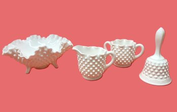 Four Vintage Hob Nail Milk Glass Pieces-fenton Creamer & Sugar, Ruffled Edge Three Toe 8' Bowl & Bell