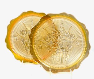 Vintage Pair Of Iris Iridescent Flora Gold Carnival Glass 12' Sandwich Plates