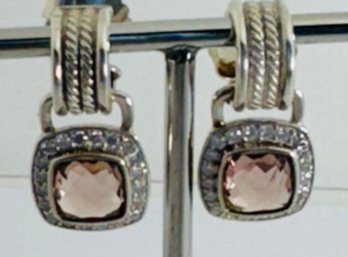 AUTHENTIC DAVID YURMAN STERLING SILVER ALBION 7MM MORGANITE & DIAMONDS DROP EARRINGS