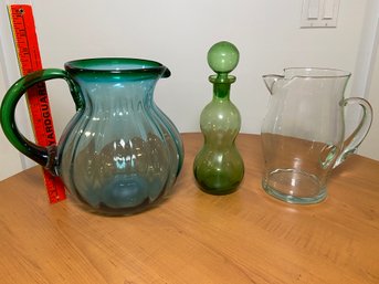 Green Glass Decanter, Handblown Glass Pitcher Blue Green, Clear Glass Pitcher All No Chips