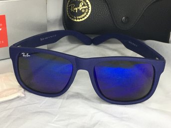 Very Nice RAY BAN Sunglasses - Style Name JUSTIN - All Matte Blue Frames - Case - Box - Polish Cloth - NEW !