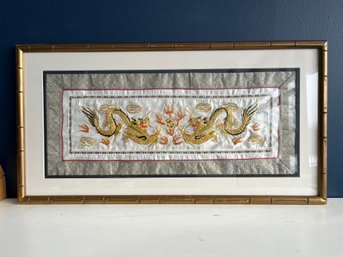 Framed Chinese Embroidered Panel - Gold Thread Double Dragon & Flaming Pearl