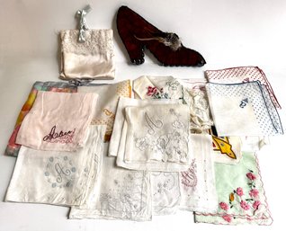 17 Cotton & Linen Hankies, Some With Embroidery & Lace & A Decorative Red Shoe