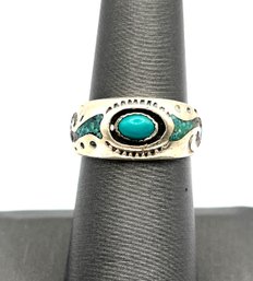 Beautiful Native American Sterling Silver Circle J.W. Turquoise Ring, Size 6.75