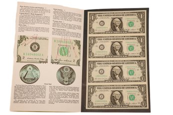 Uncut Sheet Of 4 $1 Dollar Bills From Bureau Of Printing Engraving 1985