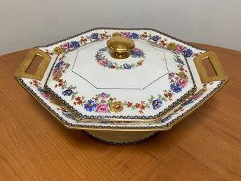 Theodore Haviland Cheverny Limoges Octagone Covered Serving Dish Floral Motif Gold Gilt Handles