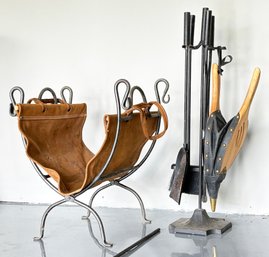 Fab Art Metal Fireplace Accessories - Tools And A Wood Holder With Leather Bag