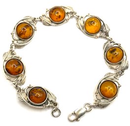 Vintage Sterling Silver Amber Ornate Leaves Linked Bracelet