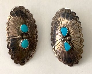 Sterling Silver Embossed Oblong Earrings For Pierced Ears With Turquoise Color  Adornment
