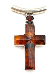 Vintage Sterling Silver Amber Cross Pendant