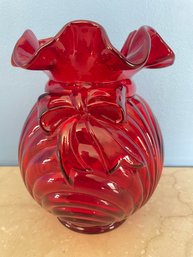 Vintage Fenton Art Glass Country Cranberry Red Caprice With Bow Glass Vase