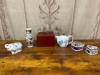 Fun Trinket Lot Including Imari Print Porcelain Boxes, Elephant Box, Lacquer Box, Creamer & Small Vase