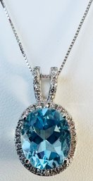 STUNNING 14K WHITE GOLD FACTED BLUE TOPAZ SURROUNDED BY DIAMONDS NECKLACE