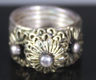 Fine Vintage Silver Wide Band Ring Having Floral Filigree Embellishment