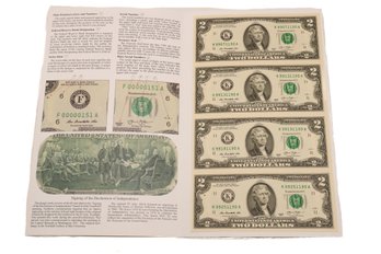 Sheet Of 4 $2 Dollar Bills From Bureau Of Printing Engraving 2013