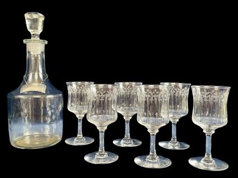 Six Etched Crystal Port Glasses Paired With A Port Decanter & Stieff Sterling Tag